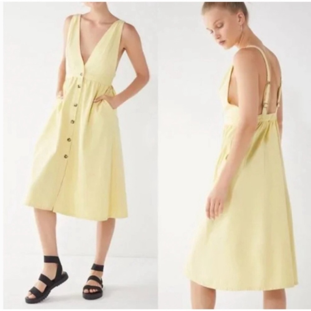 Urban Outfitters Danny Plunging Button-down Denim Midi Dress Butter Yellow Med